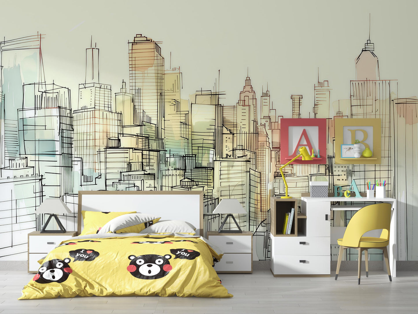 City Sketch Wall Mural – Urban Skyline Line Art Wallpaper, Modern Accent Wall Decor for Bedroom, Office or Kids Room Vn1069