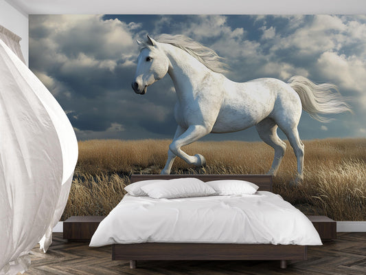 White Horse Wall Mural – Majestic Stallion Running in Field Wallpaper for Bedroom or Nursery Vn784