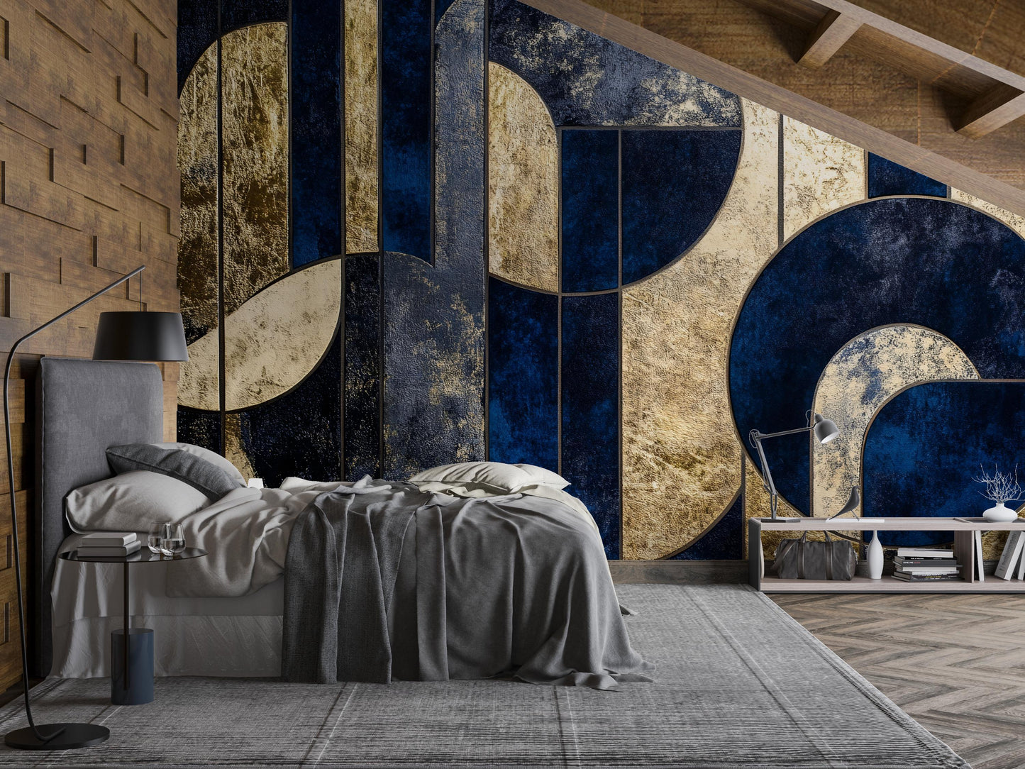 Navy Gold Geometric Wall Mural – Luxury Art Deco Wallpaper Vn961