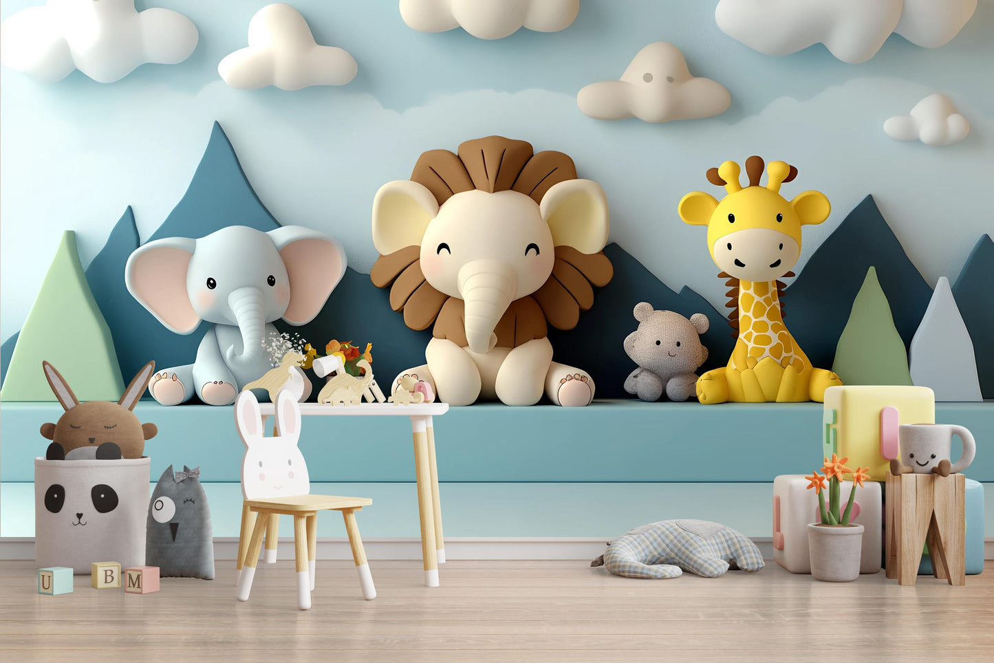 Safari Animal Nursery Wall Art – Jungle Theme Baby Room Decor, 3D Effect Safari Mural with Lion, Elephant, Giraffe Vn430