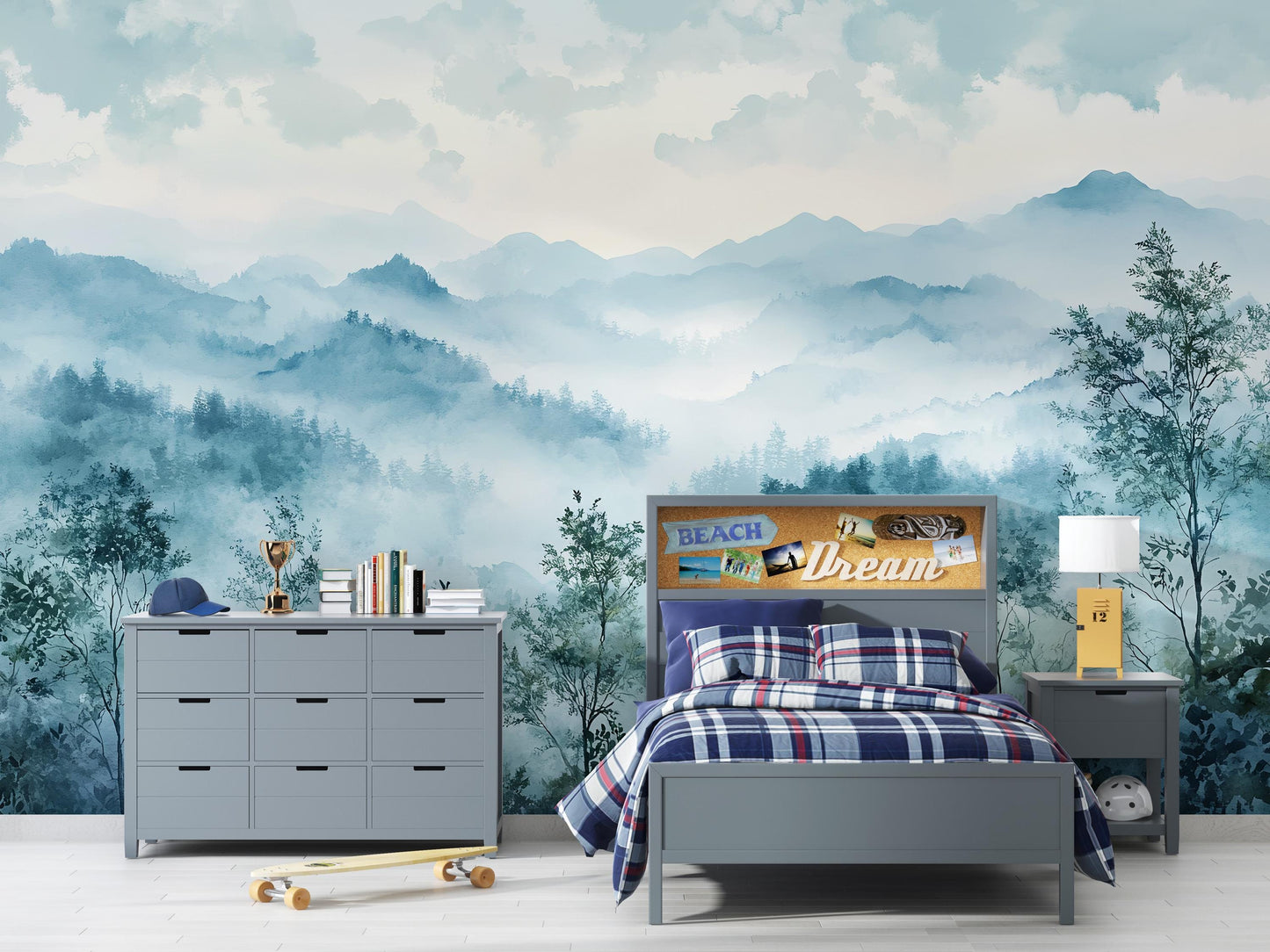 Misty Mountain Forest Wallpaper – Watercolor Nature Wall Mural for Bedroom & Living Room Vn1015