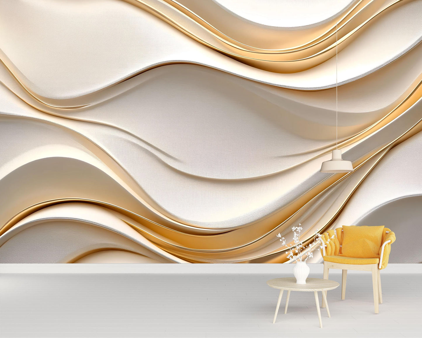 Elegant Gold Wave Wall Mural – Modern 3D Luxury Accent Wallpaper for Living Room or Bedroom Vn775