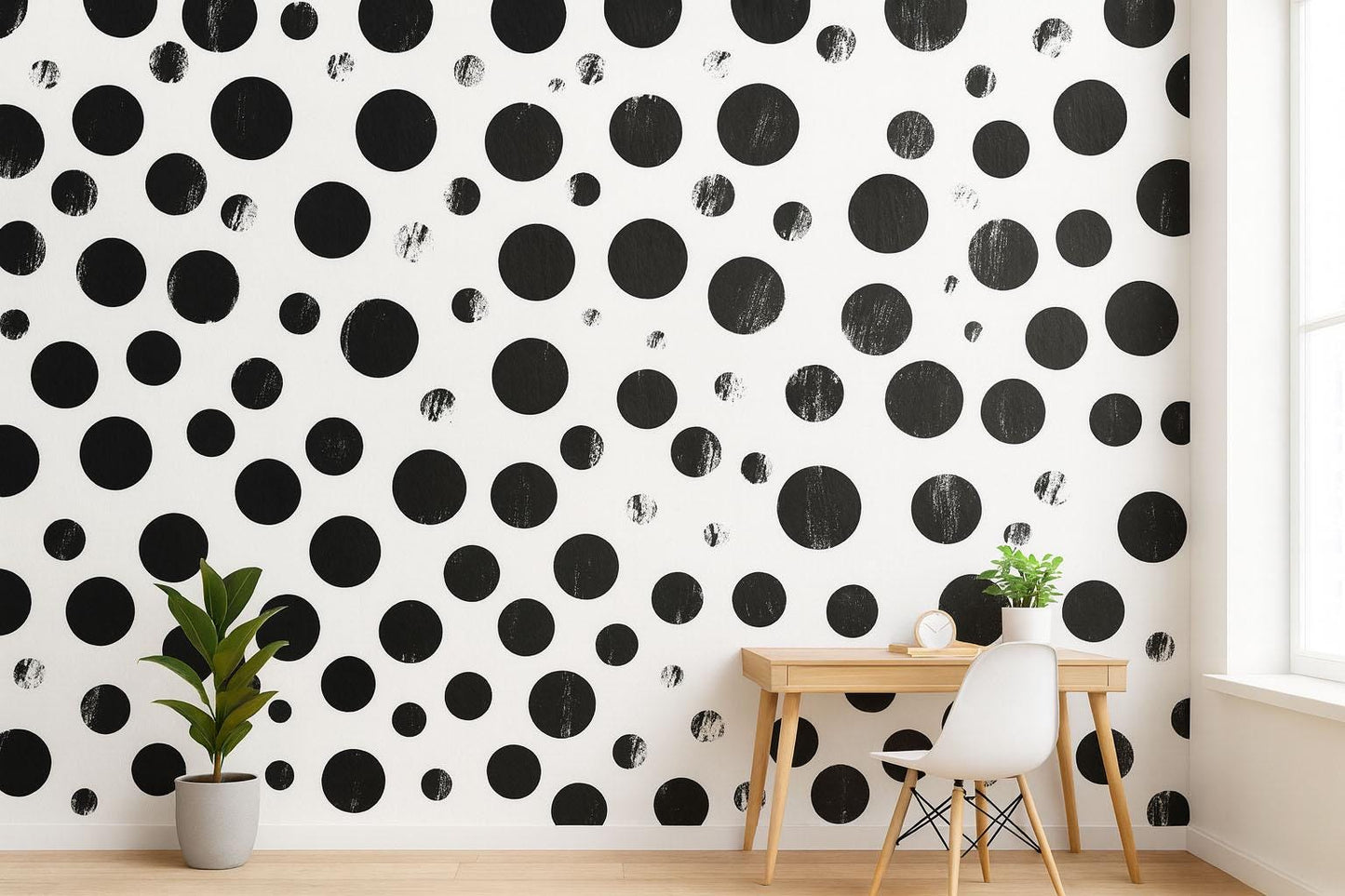 Black Dot Wall Mural – Modern Distressed Polka Dot Wallpaper, Bold Geometric Accent Wall for Office or Living Room Vn851