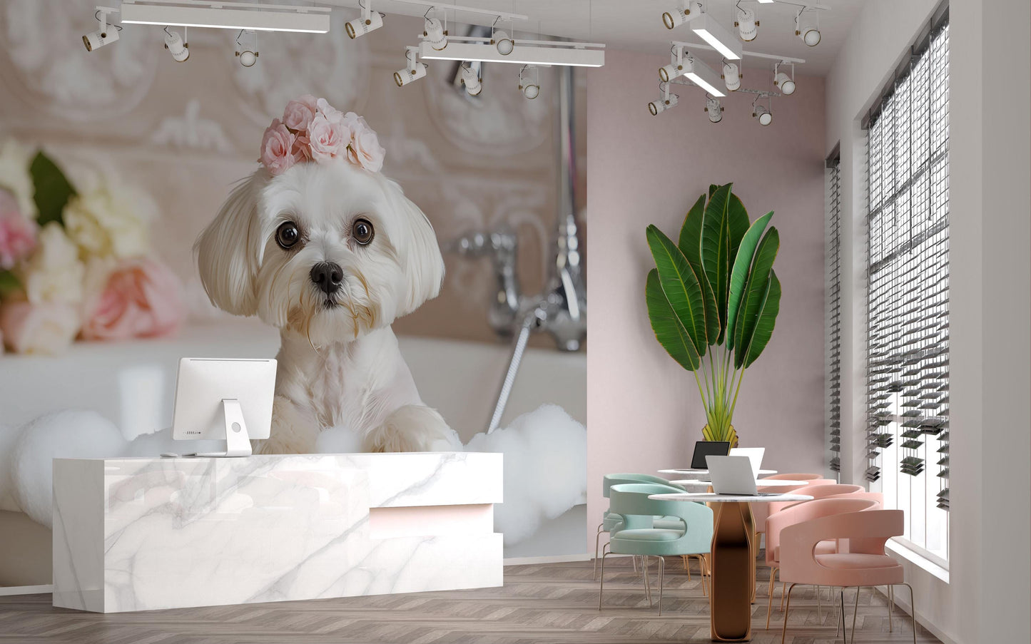Cute Maltese Dog Bath Art | Whimsical Puppy Bathroom Print | Funny Dog Spa Wall Decor | White Dog Nursery Poster Vn667