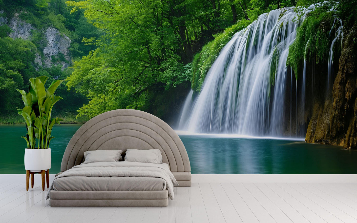 Waterfall Forest Wall Mural – Nature Bedroom Decor – Scenic Waterfall Wallpaper – Tranquil Green Landscape Mural Vn694