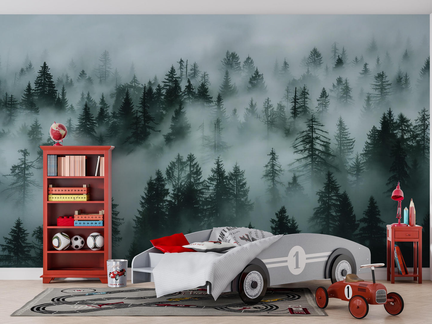 Misty Forest Wall Mural – Dark Green Woodland Wallpaper, Nature Landscape Accent Wall Decor for Bedroom or Living Room Vn1071