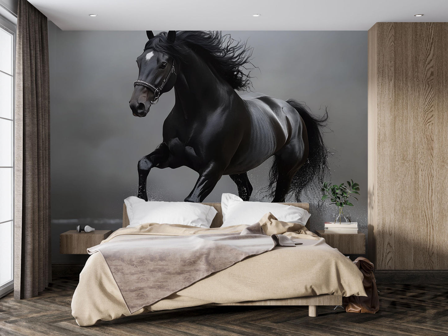 Black Stallion Wall Mural – Majestic Running Horse Wallpaper for Bedroom or Living Room Vn783