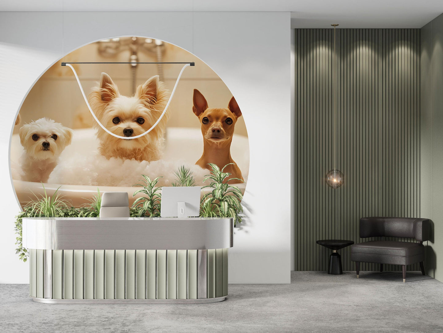 Cute Puppy Bathtub Wall Mural - Dog Bath Scene Wallpaper for Pet Lovers Vn677