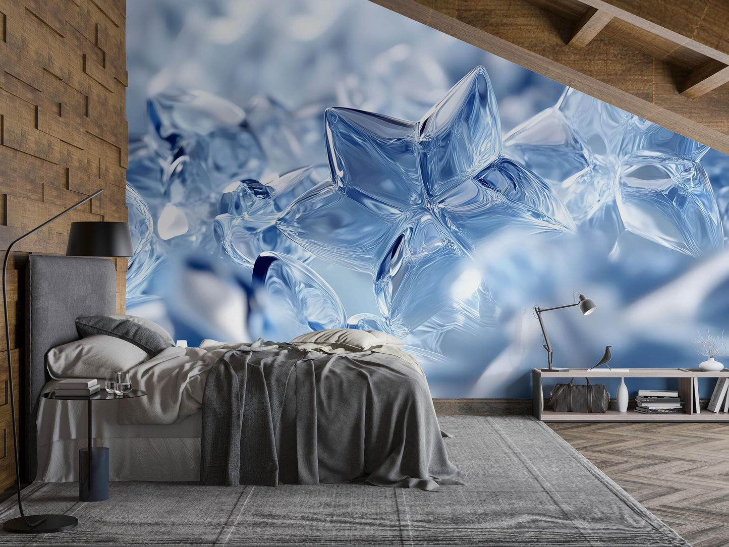 Blue Crystal Ice Snowflake Wall Mural – Winter Themed Accent Wall Art – Modern Bedroom Wallpaper – Frosty Nature Scene Décor Vn725