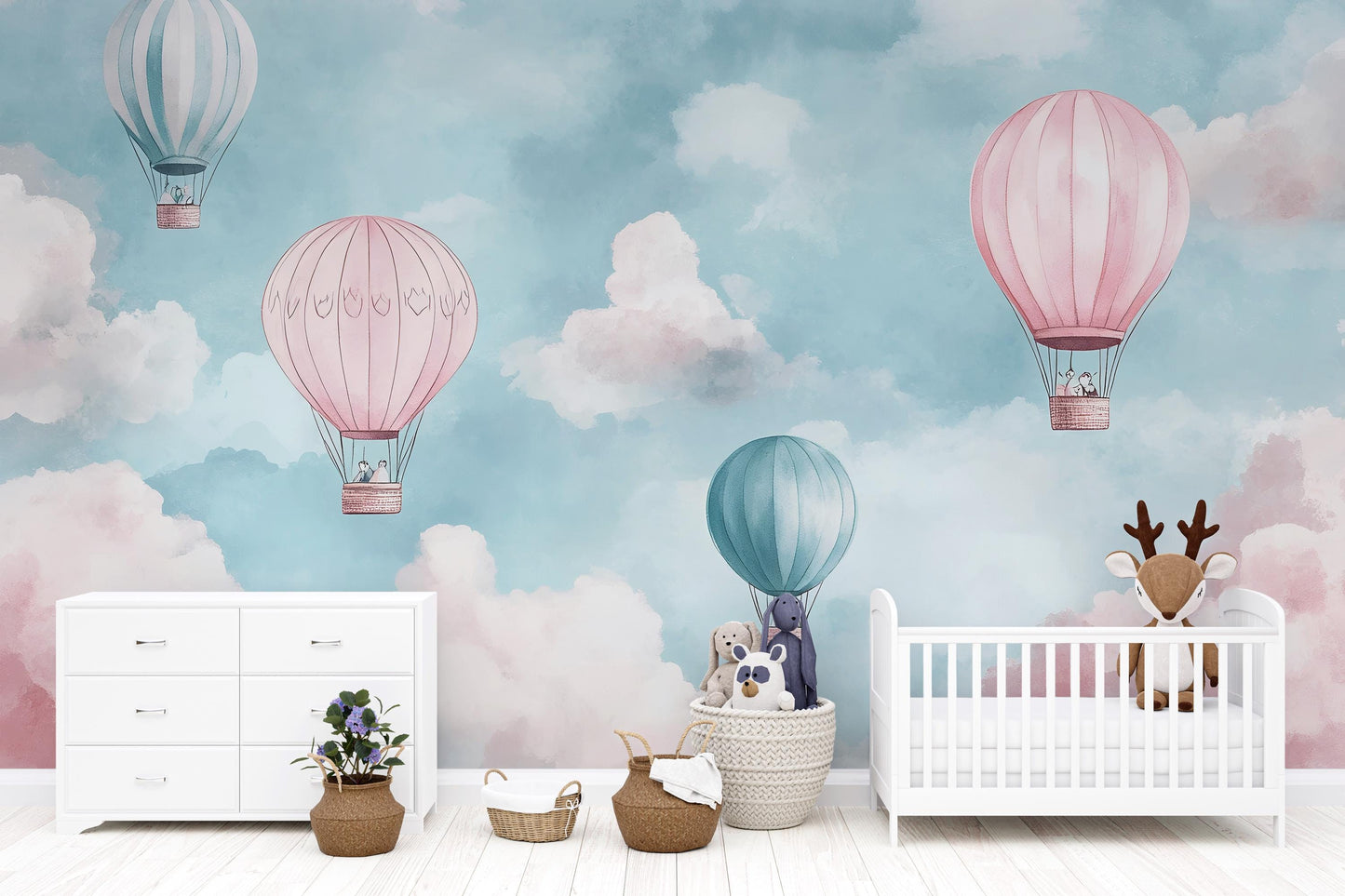 Hot Air Balloon Mural – Pink Blue Cloud Wallpaper Kids Nursery Wall Decor Vn998