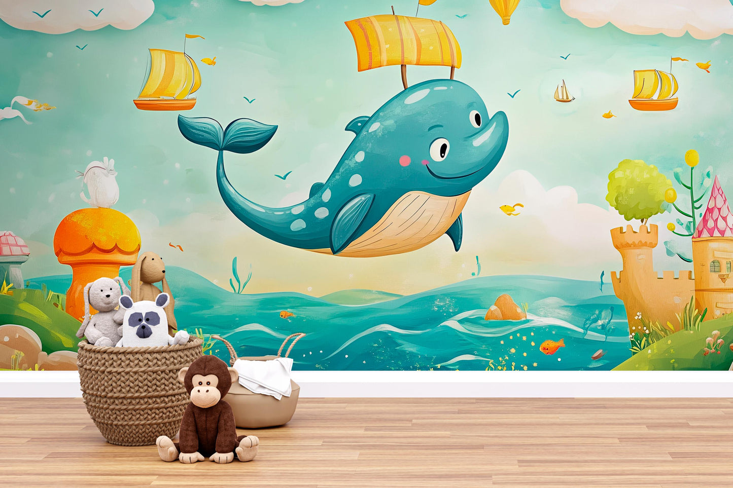 Flying Whale Wall Mural | Fantasy Ocean Kids Wallpaper | Cute Animal Nursery Decor | Magical Sea Scene Art for Playroom or Bedroom Vn439