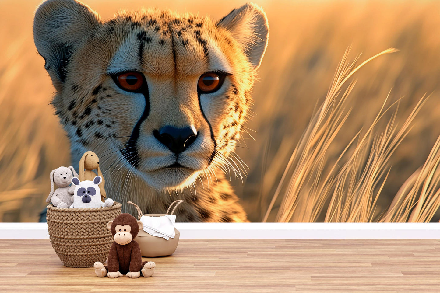Cheetah Safari Nursery Wall Mural | Jungle Animal Baby Room Decor | Wildlife Big Cat Wallpaper | Removable Kids Wall Art Vn537