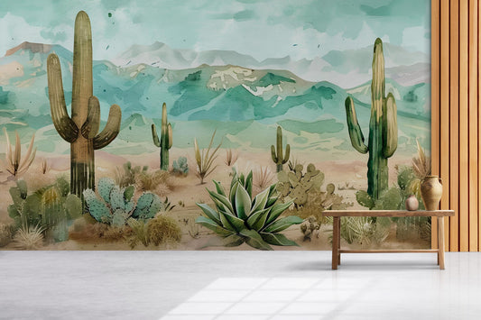 Watercolor Desert Cactus Wall Mural – Southwest Landscape Wallpaper with Mountains Vn1010
