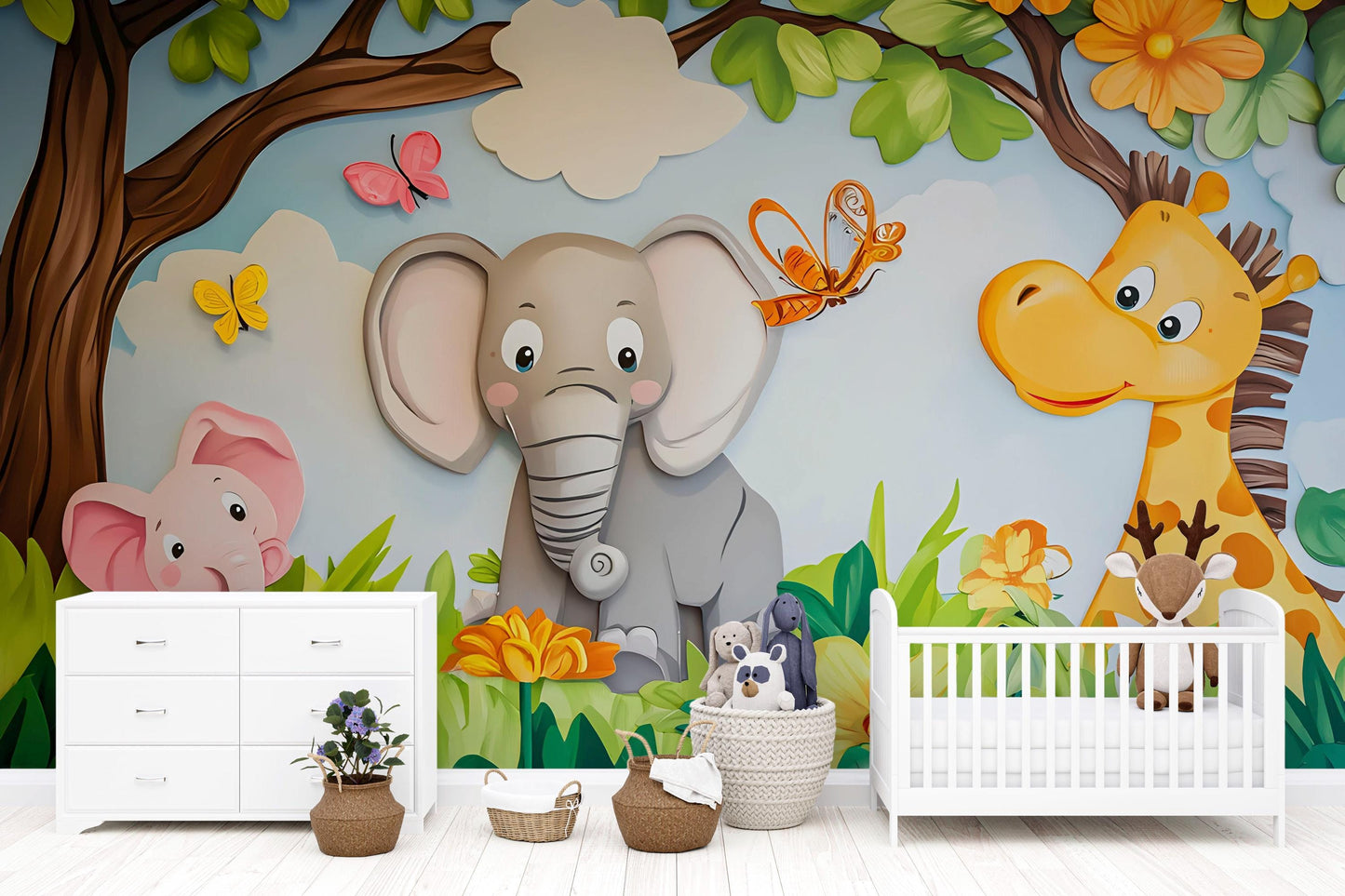Jungle Safari Animal Wall Mural for Kids Room – Elephant Giraffe Cartoon Nursery Decor Vn616