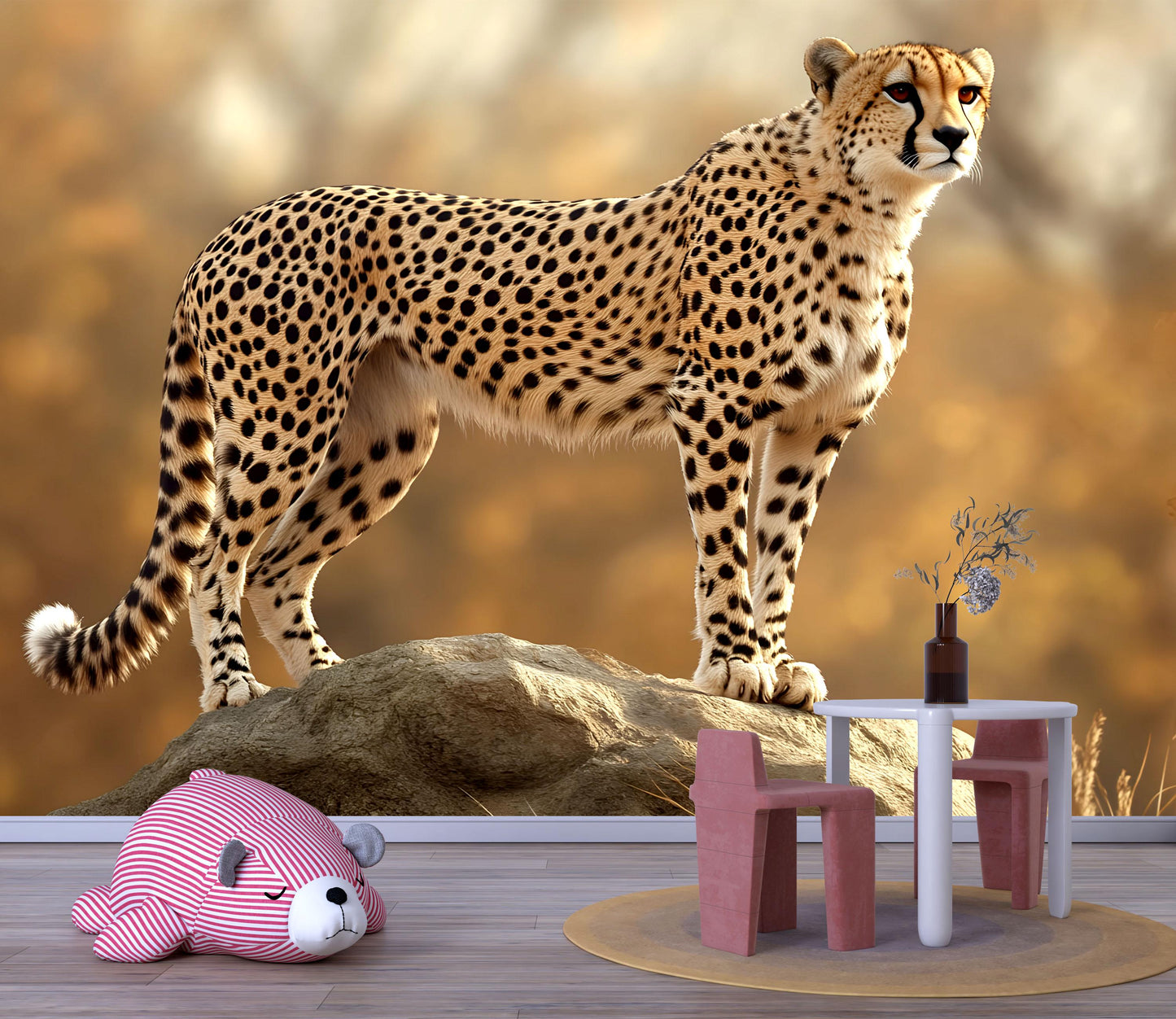 Standing Cheetah Wall Mural – Realistic Wildlife Safari Wallpaper for Nursery or Bedroom Vn785