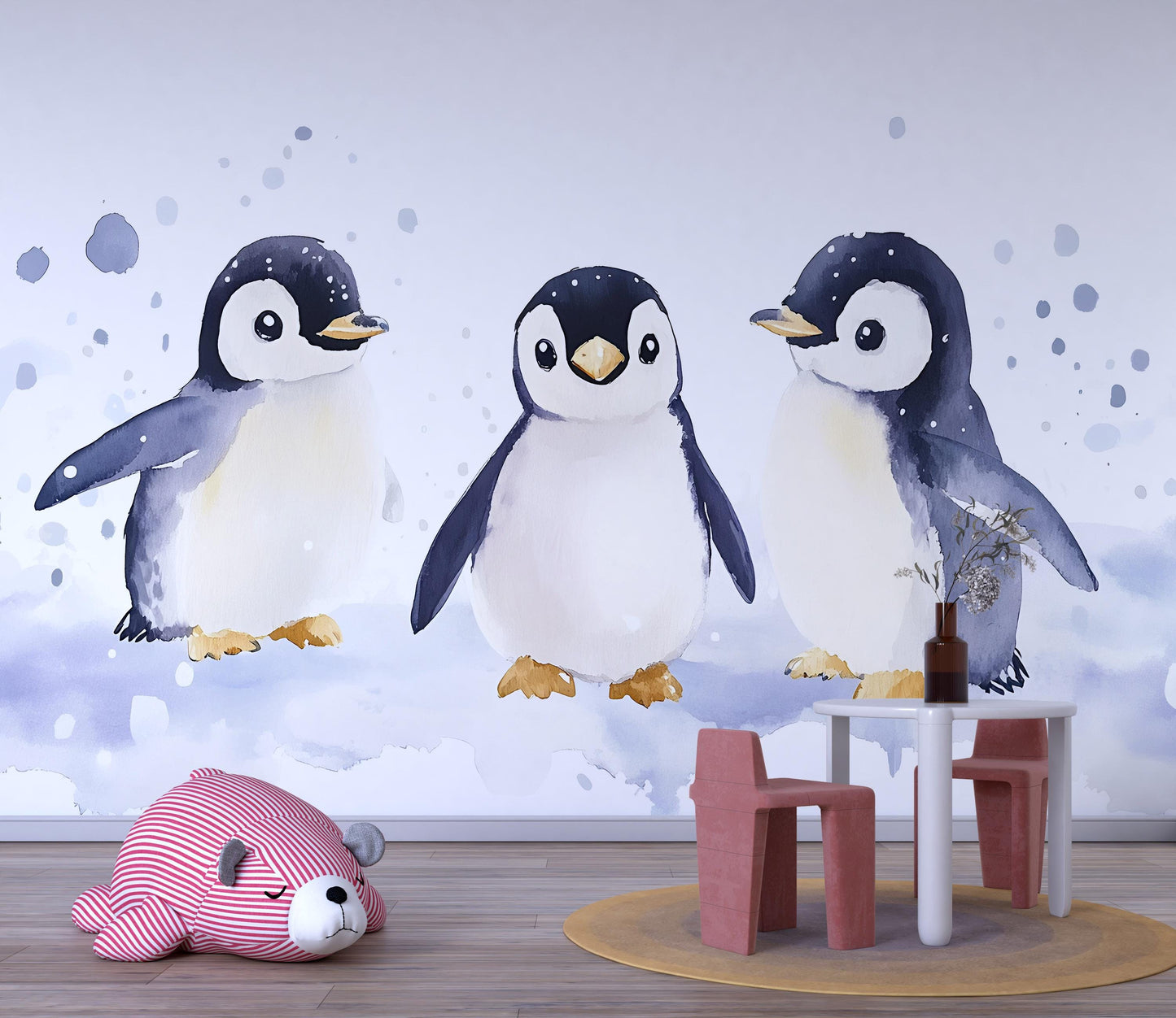 Watercolor Penguin Wall Mural | Nursery Wall Art | Kids Room Wallpaper | Arctic Animal Wall Decor | Cute Baby Penguin Wall Decal Vn518