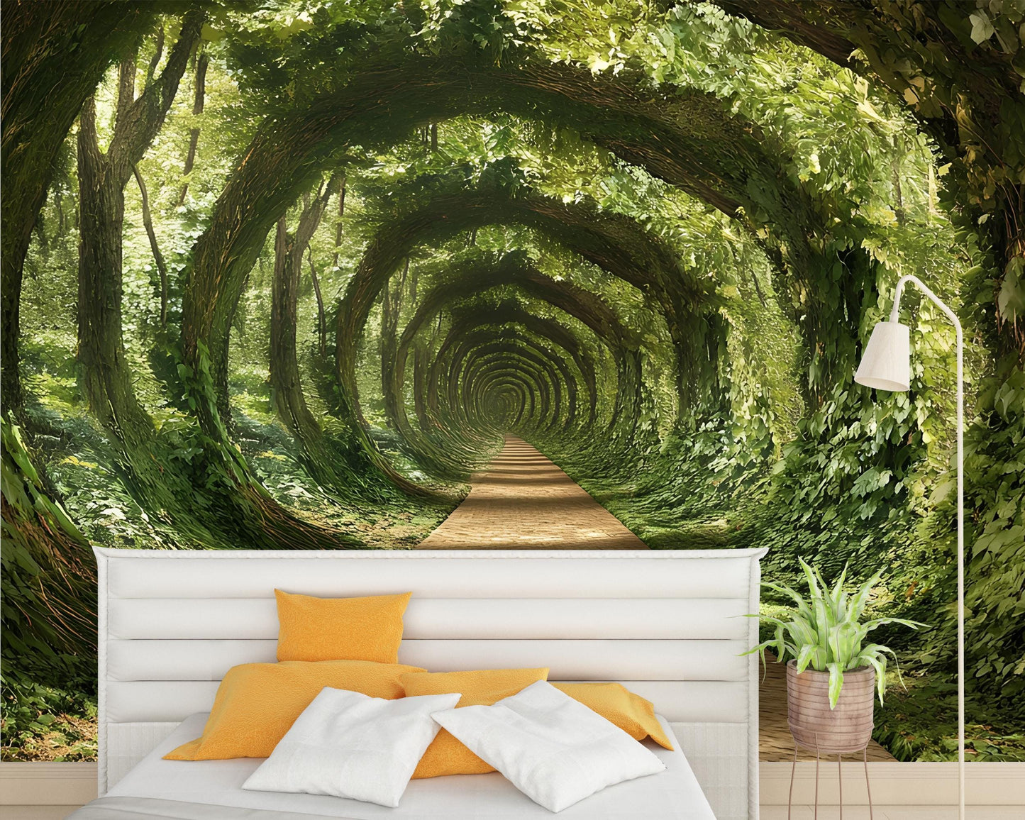Forest Tunnel Wall Mural for Bedroom – Nature Path Illusion Wallpaper – 3D Green Archway Wall Art Décor Vn579
