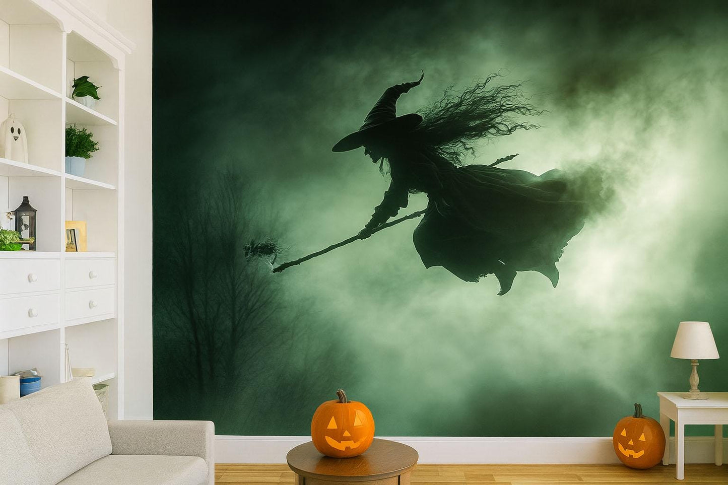 Flying Witch Silhouette Wall Mural – Spooky Halloween Night Scene Vn806