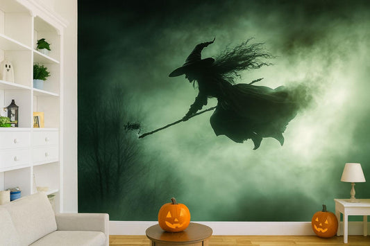 Flying Witch Silhouette Wall Mural – Spooky Halloween Night Scene Vn806