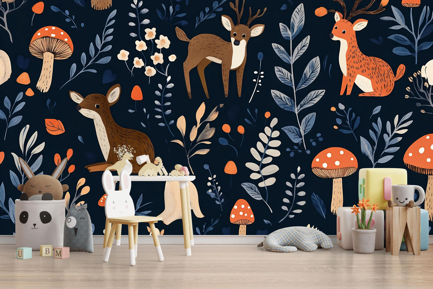 Woodland Nursery Wallpaper – Forest Animal Wall Mural – Kids Room Deer & Mushroom Decor – Removable Peel and Stick Wallpaper Vn724