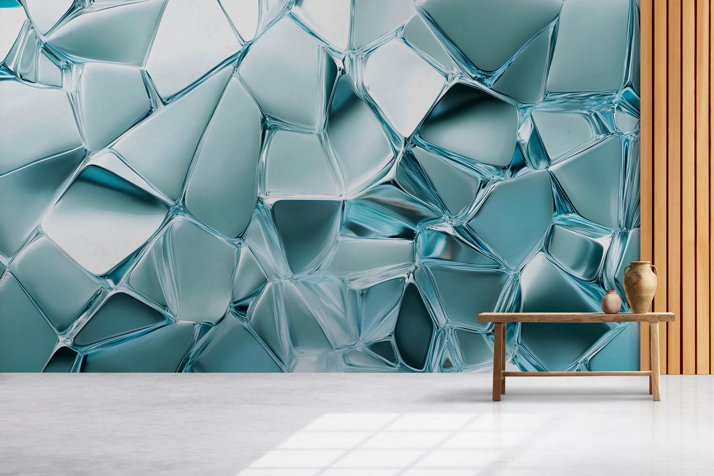 Abstract Glass Crystal Wall Mural – Modern 3D Ice Effect Wallpaper – Cool Blue Textured Accent Wall for Living Room or Office Vn656