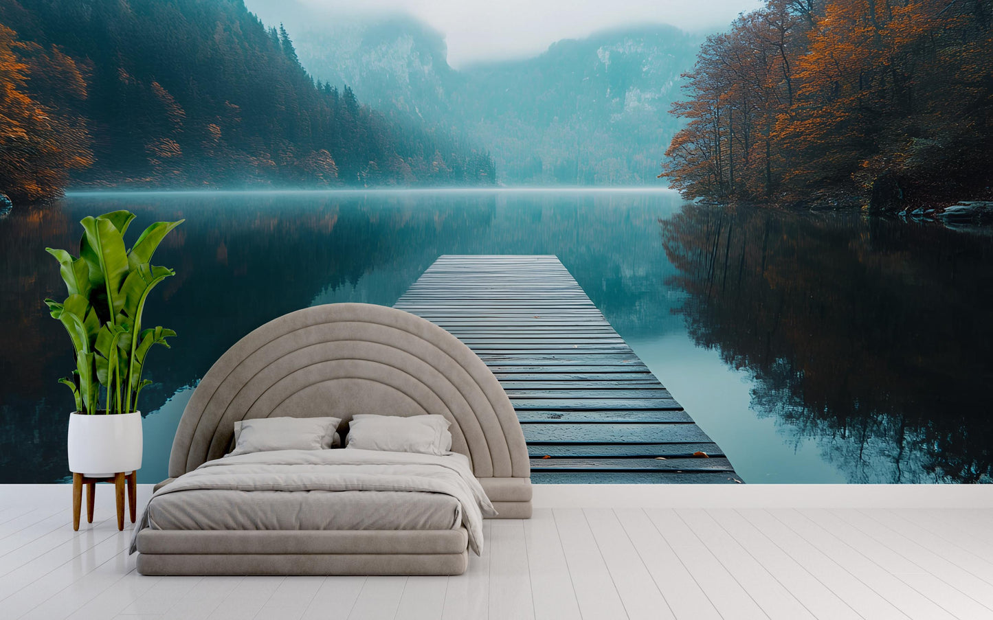 Serene Lake Pier Wall Mural – Tranquil Forest Water Landscape Wallpaper for Bedroom or Living Room Art Vn480