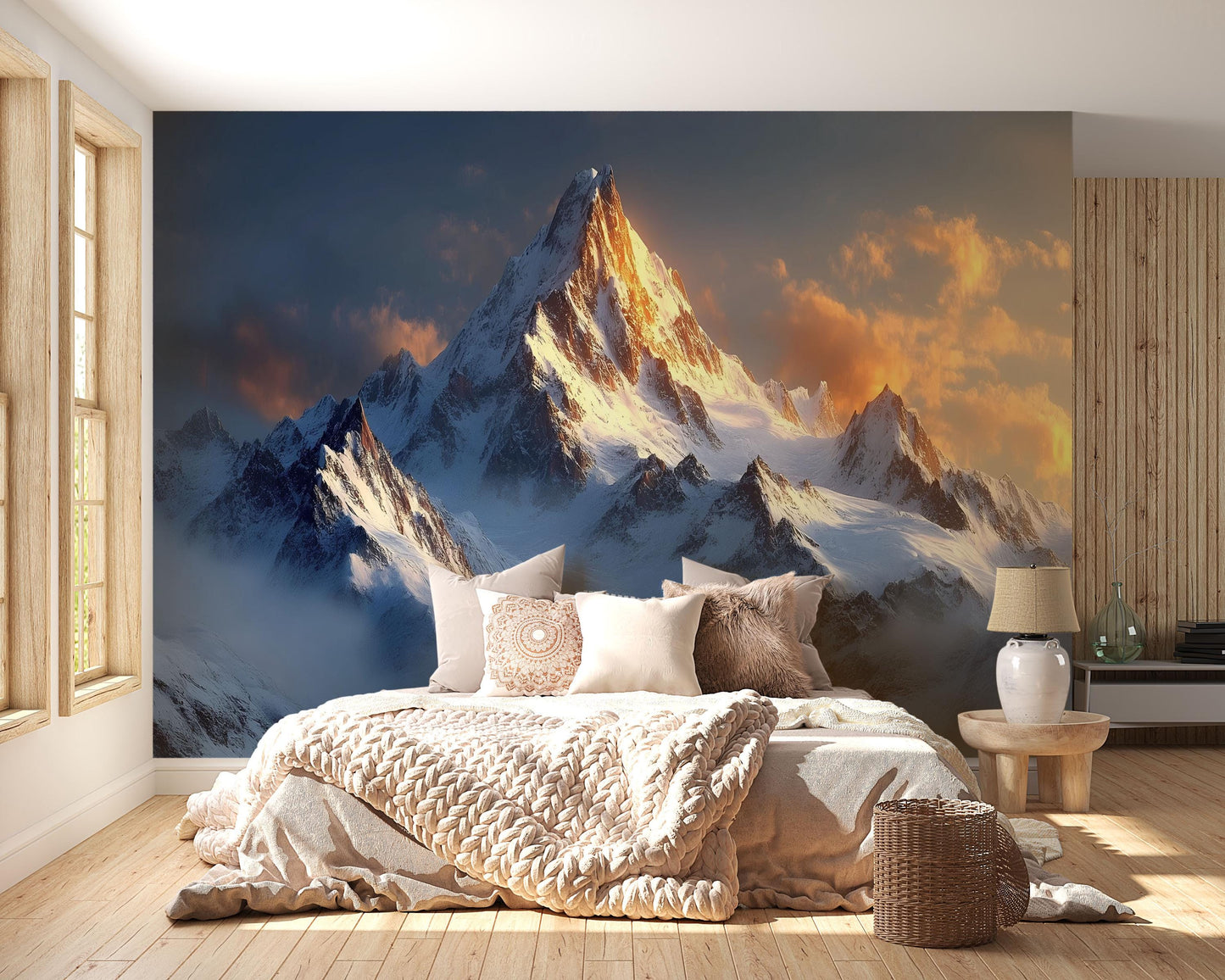 Mountain Wall Mural – Snowy Peak Sunset Landscape for Bedroom Decor Vn702