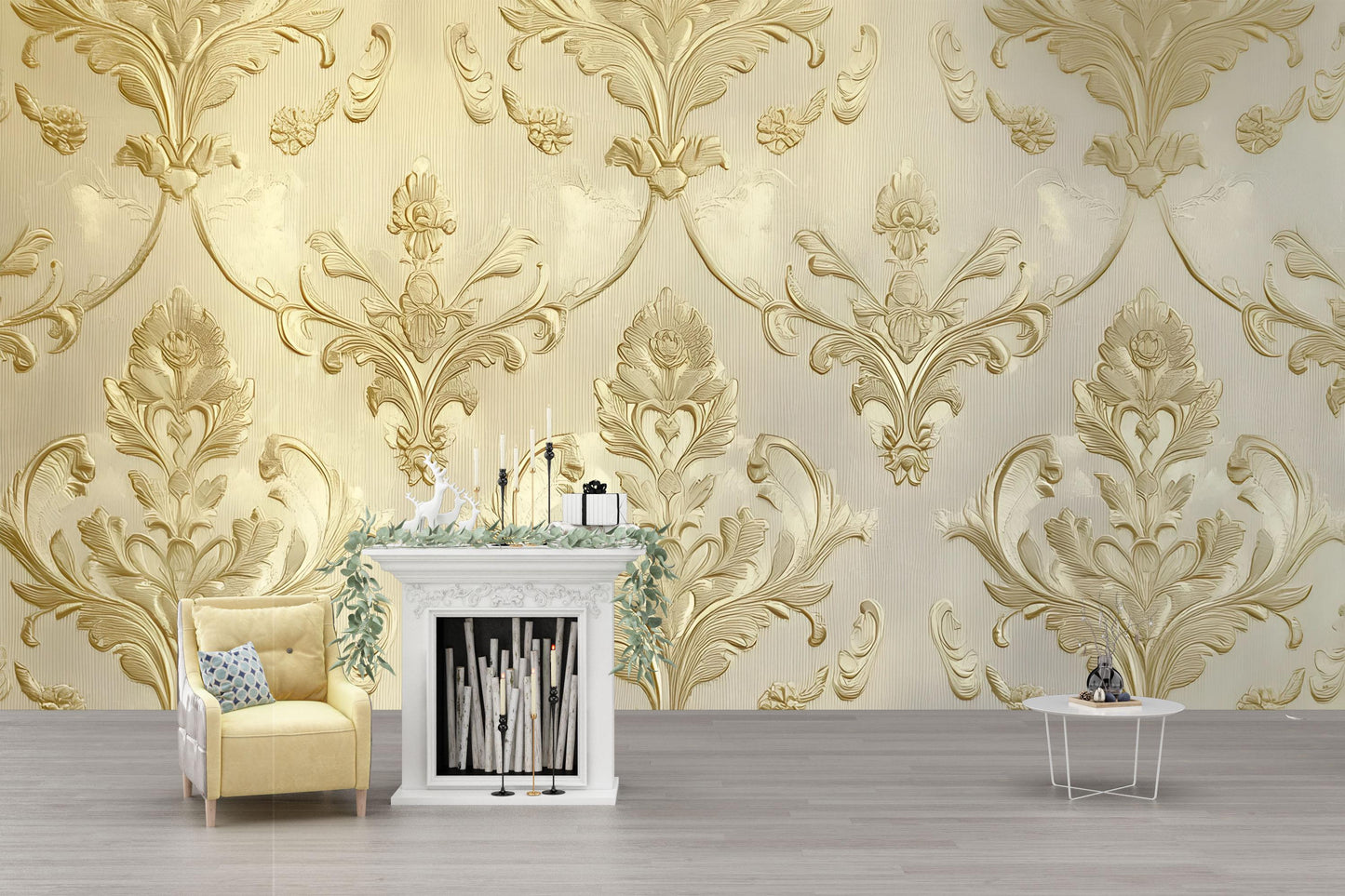Luxury Gold Baroque Wallpaper – Elegant 3D Textured Damask Wall Mural for Living Room, Bedroom, or Office Vn631
