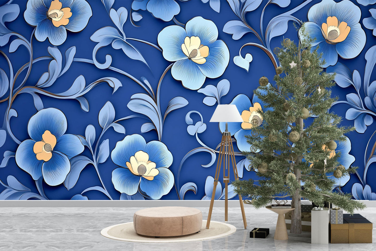 Blue and Yellow Floral Wall Mural – Bold 3D Effect Botanical Wallpaper for Living Room Vn770