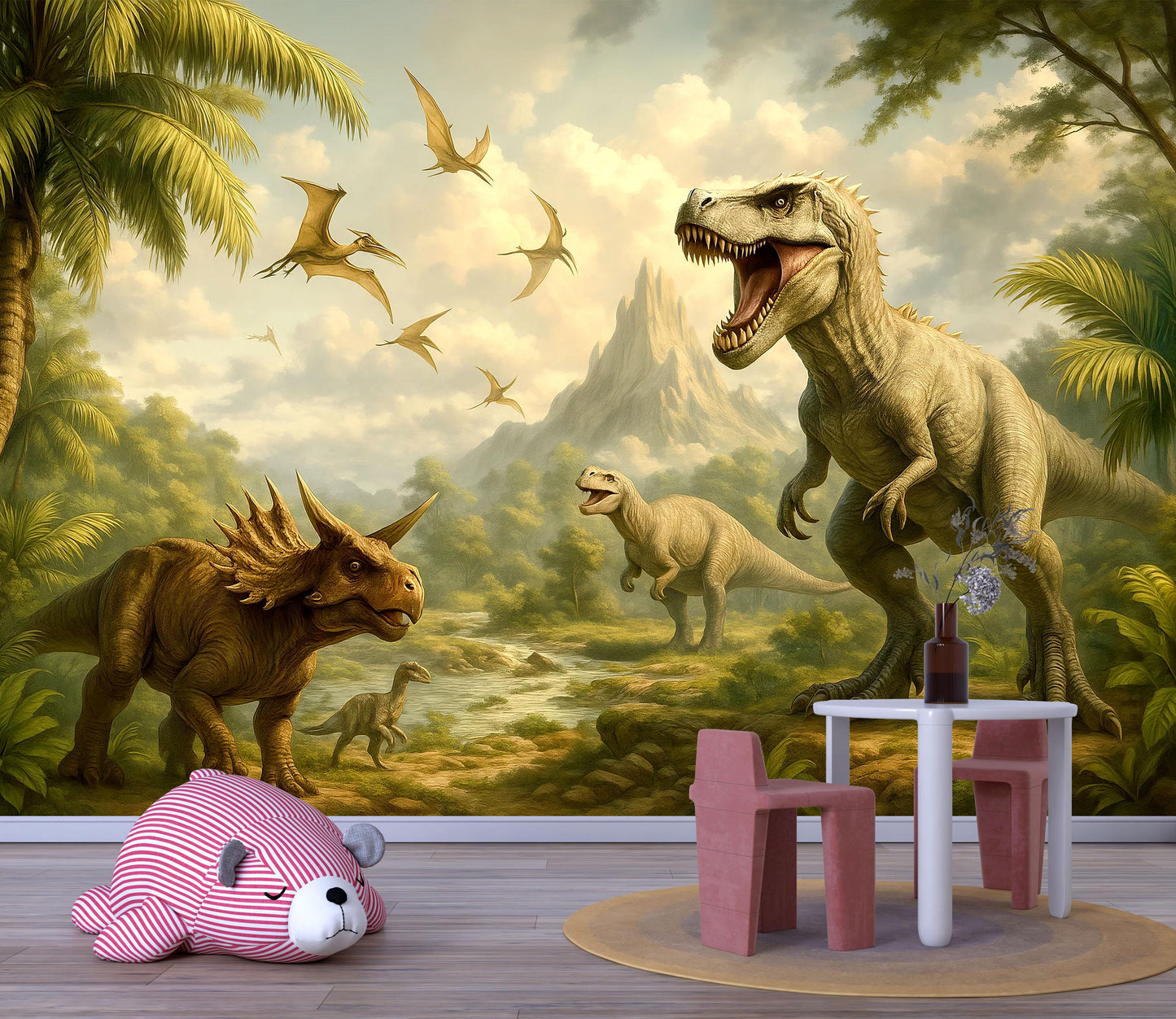 Dinosaur Nursery Wall Mural – T Rex Jungle Wallpaper for Kids Room Vn897