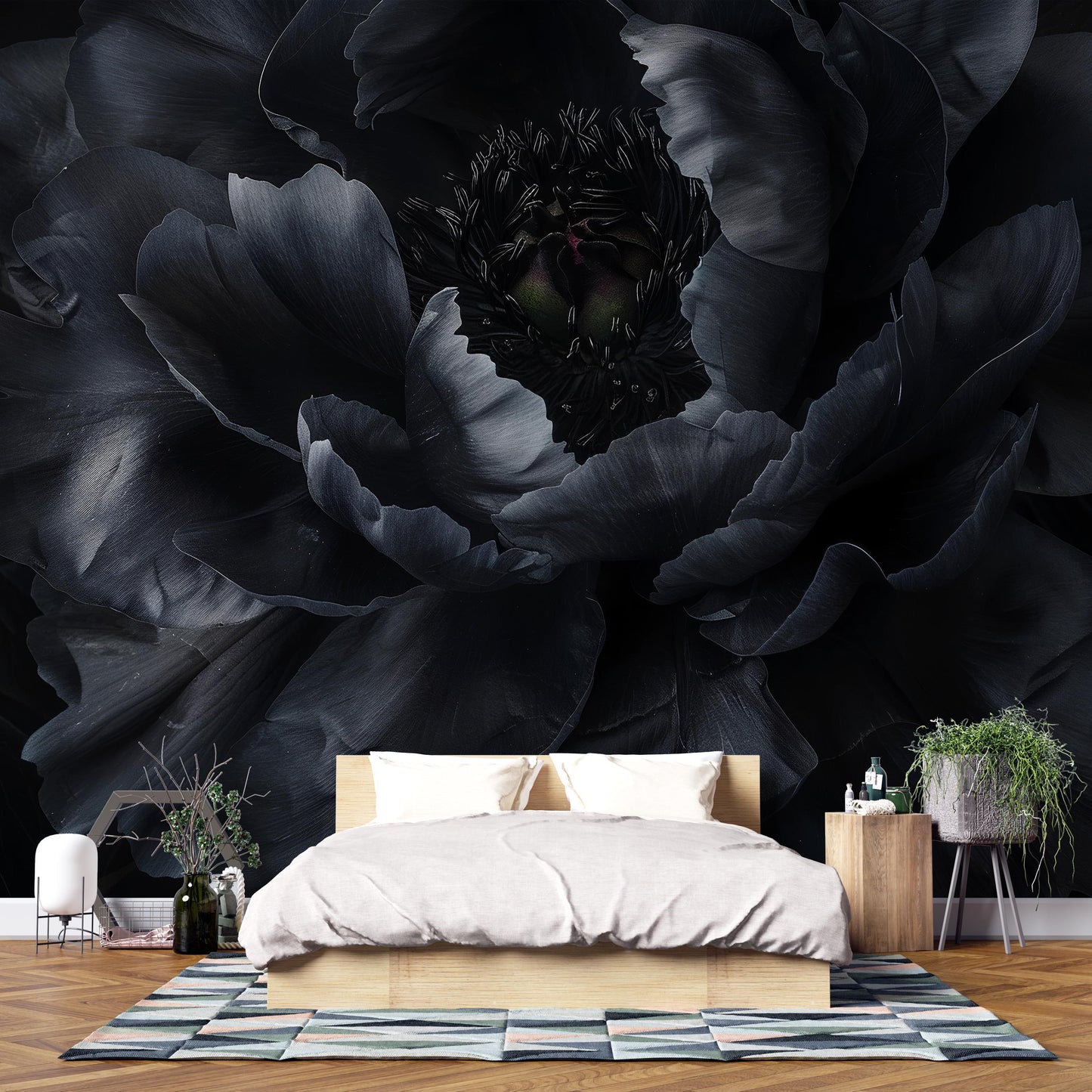 Black Floral Mural Wallpaper – Dark Oversized Peony Wall Art for Bedroom Décor Vn1048