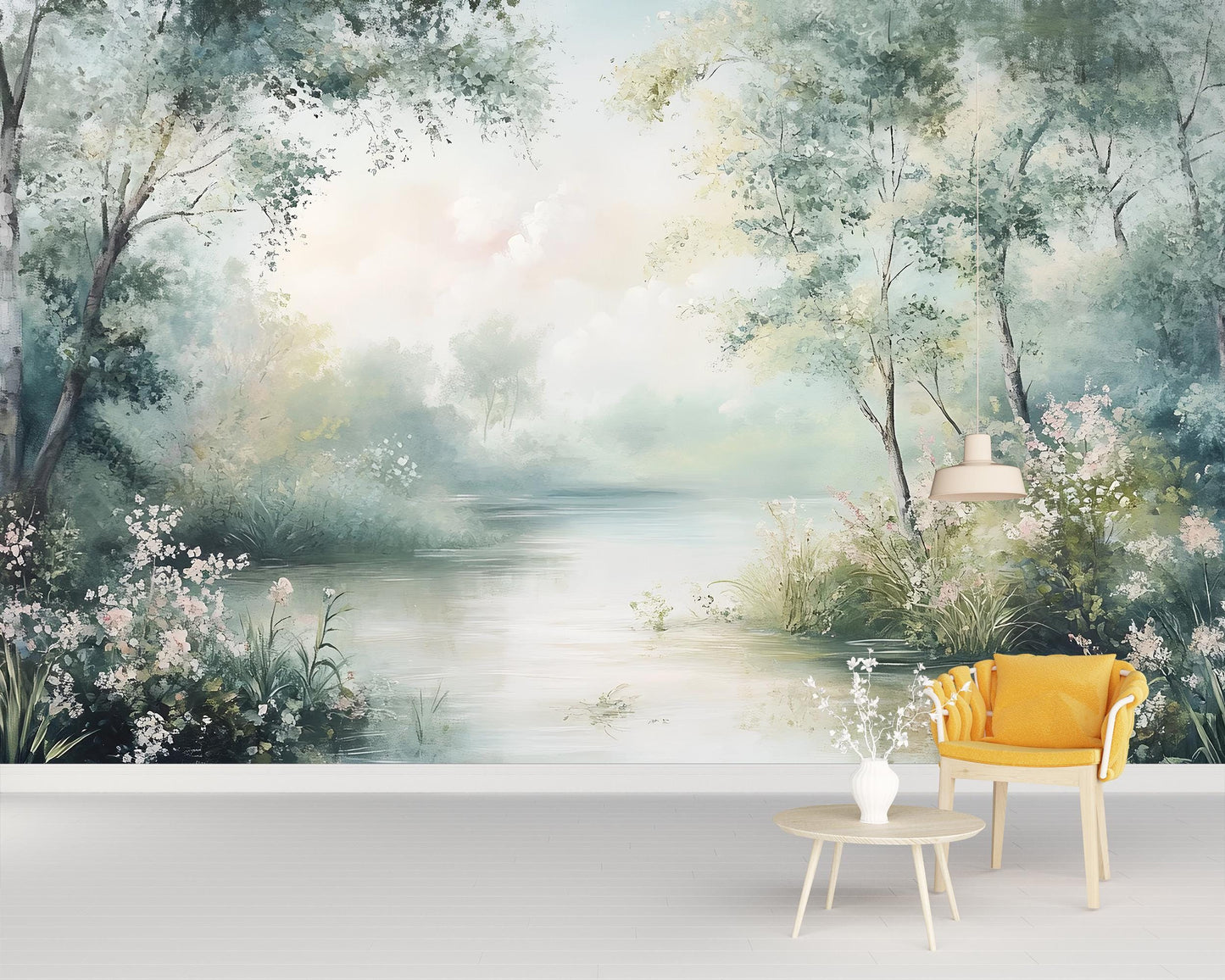 Tranquil River Wall Mural – Floral Nature Wallpaper Vn971
