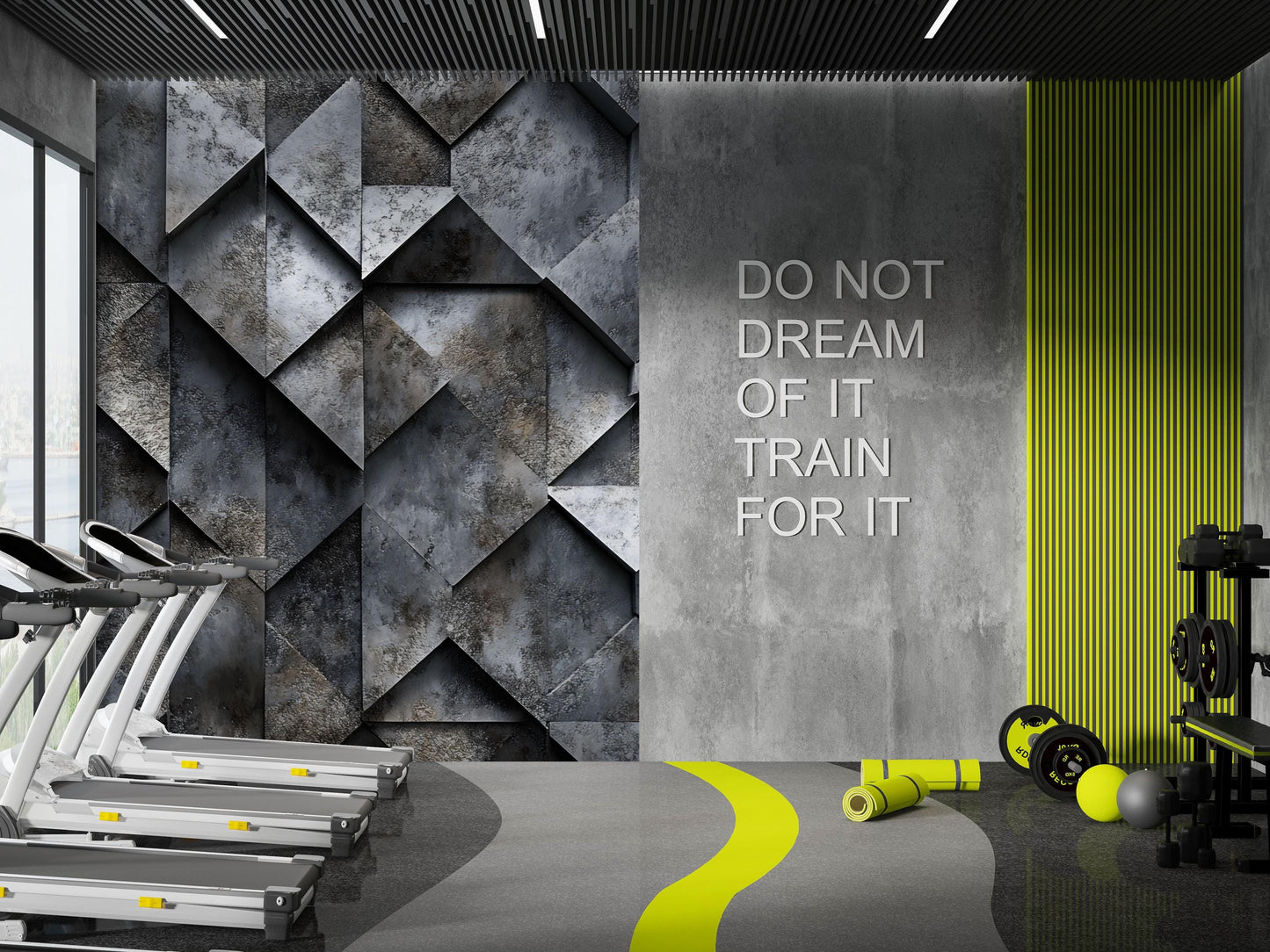Industrial 3D Geometric Wall Mural – Modern Textured Gym & Fitness Room Wallpaper Vn734