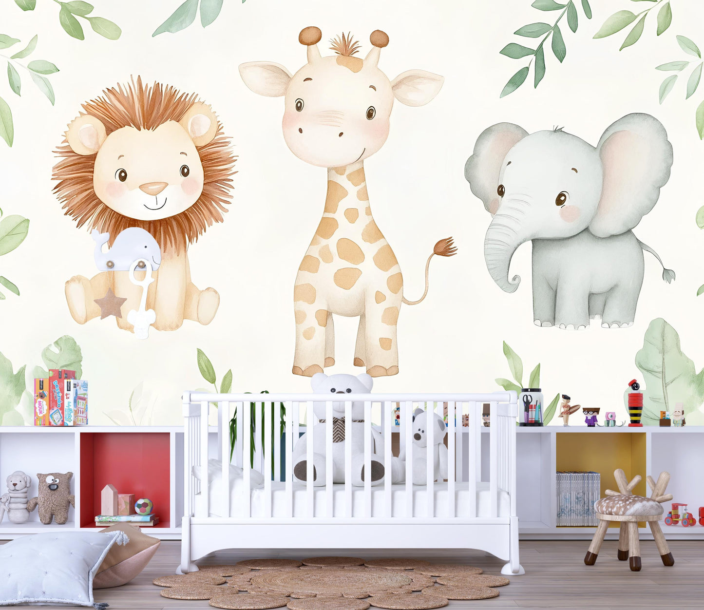 Safari Animal Nursery Mural – Lion Giraffe Elephant Jungle Wallpaper Vn992