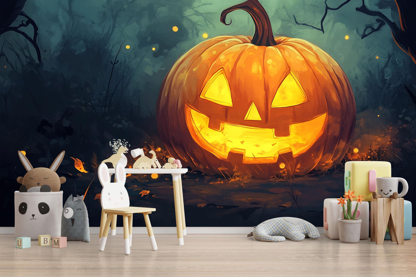Jack-O’-Lantern Halloween Wall Mural – Cozy Autumn Decor  Vn813