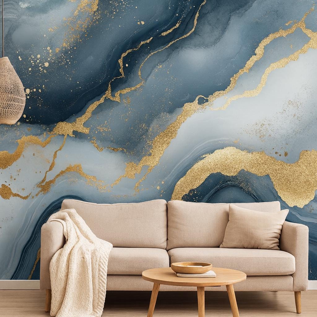 Blue Gold Marble Wall Mural – Abstract Luxury Wallpaper Vn967