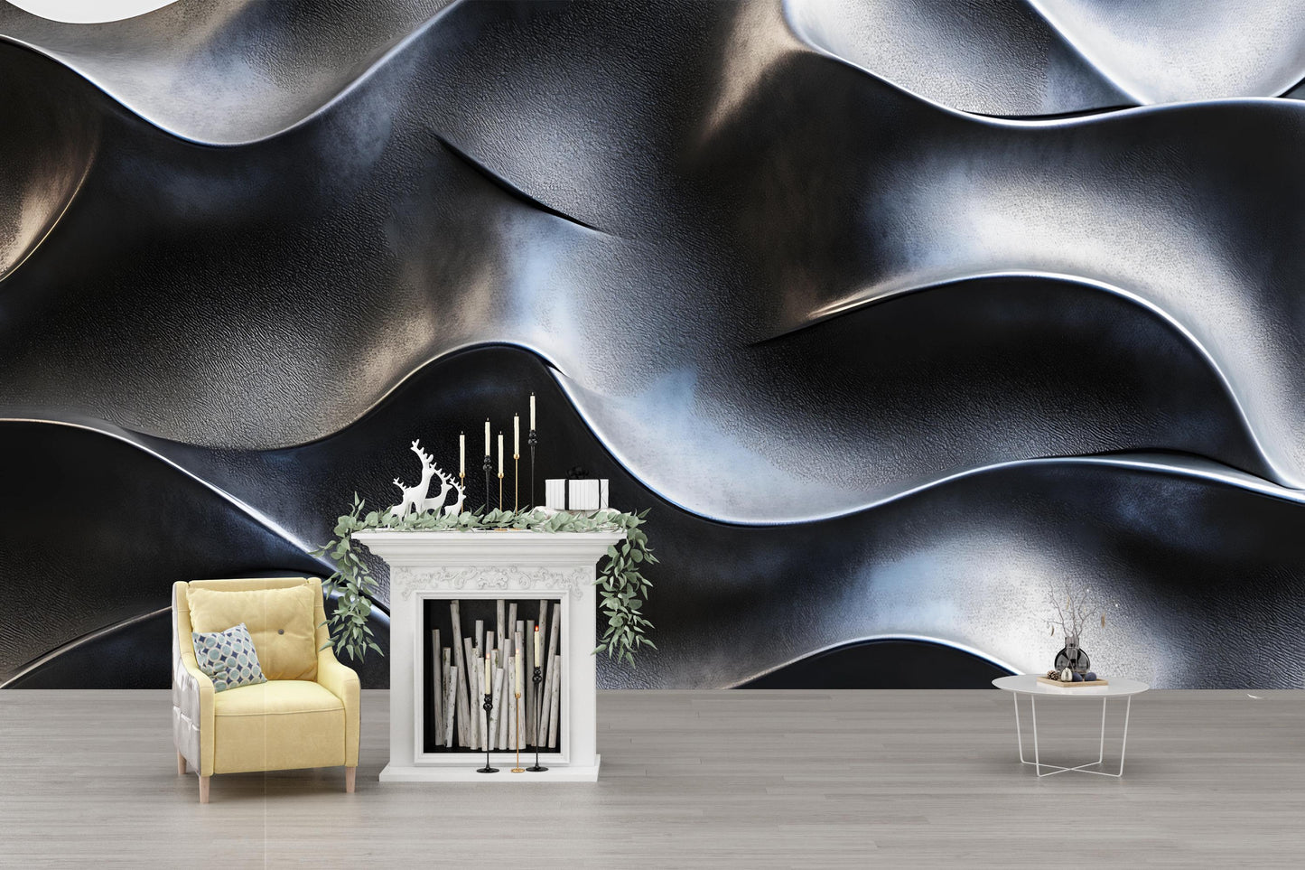Black Wave Textured Wall Art | Modern 3D Abstract Wallpaper Mural | Luxury Dark Interior Accent Vn591