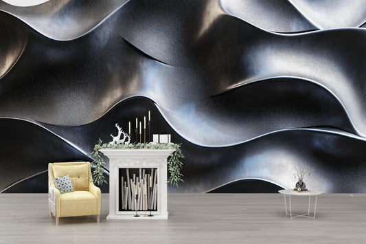 Black Wave Textured Wall Art | Modern 3D Abstract Wallpaper Mural | Luxury Dark Interior Accent Vn591