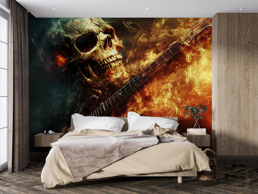 Fiery Skull Guitar Wall Mural – Rock Bedroom Decor, Flame Skull Art Wallpaper, Heavy Metal Room Aesthetic Vn717