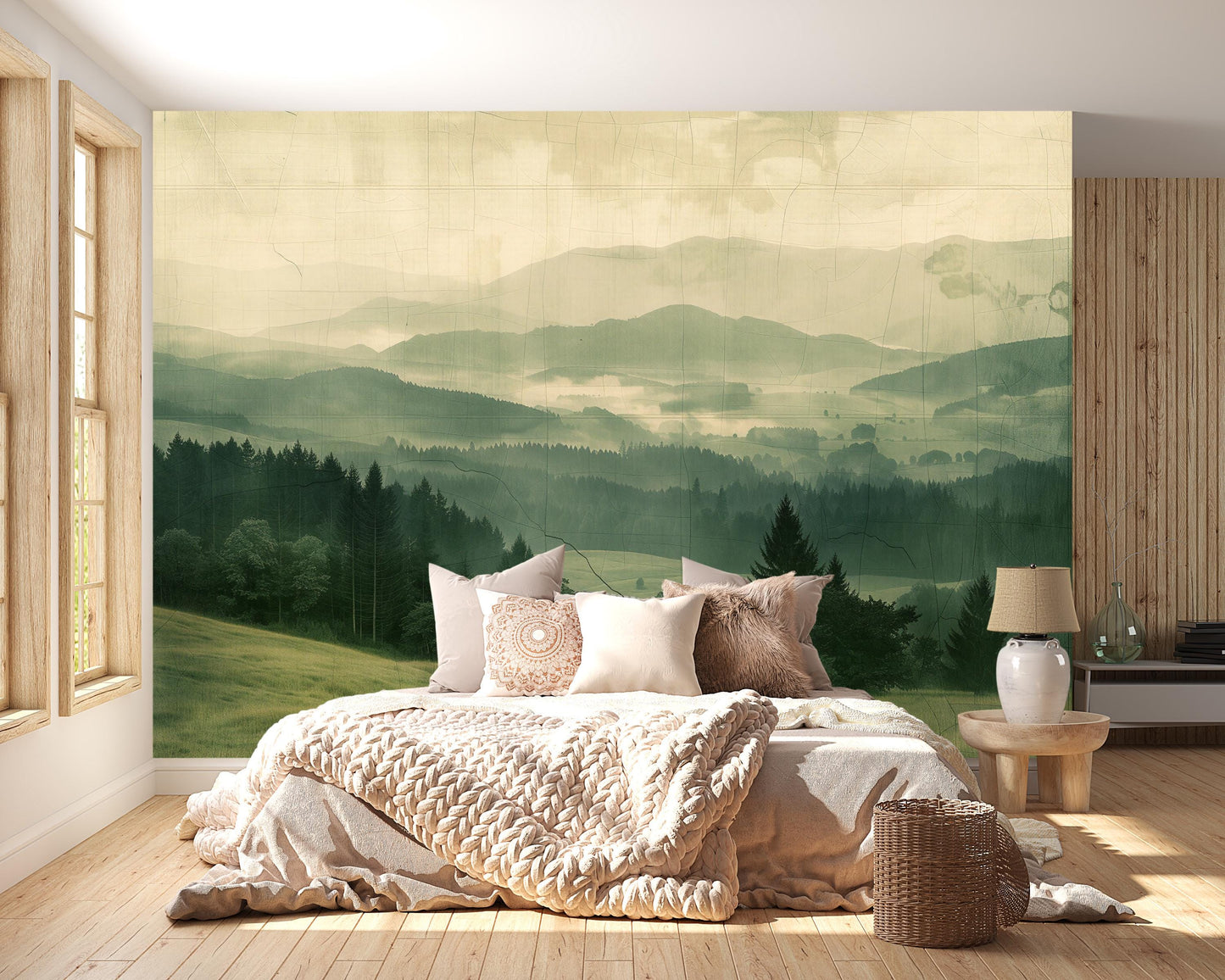 Green Forest Wall Mural – Misty Mountain Landscape Wallpaper for Bedroom or Living Room Vn1057