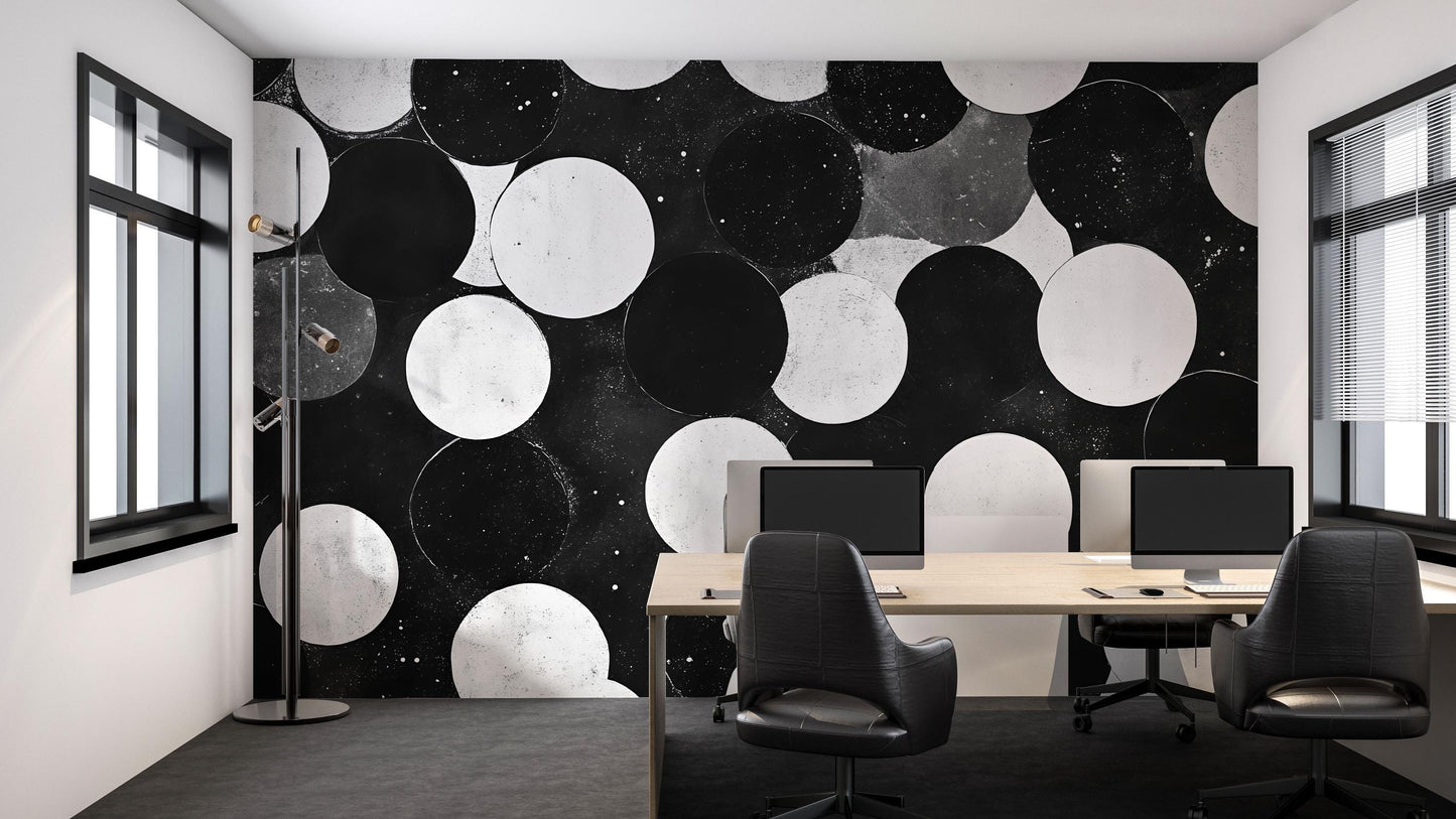 Black and White Circle Wall Mural – Modern Geometric Wallpaper, Bold Accent Wall for Office or Living Room Vn848