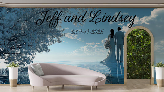 Custom Wedding Wall Art | Jeff and Lindsey Couple Name Sign | Romantic Beach Scene Mural | Established Date Anniversary Gift Decor Vn512