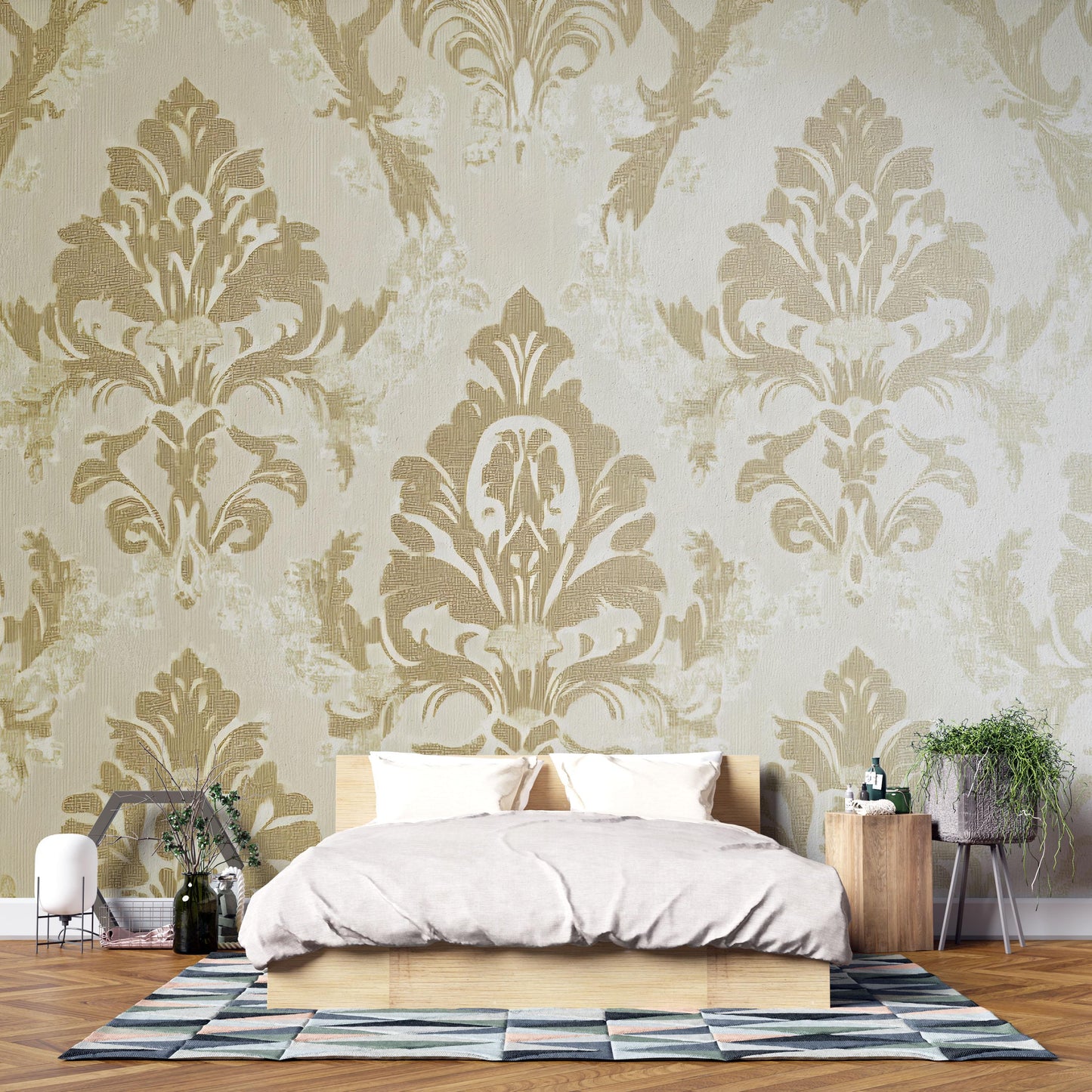 Modern Minimalist Floor Bed with Semi-Circle Headboard | Neutral Grey Upholstered Platform Bed | Low Profile Bed Frame Vn636