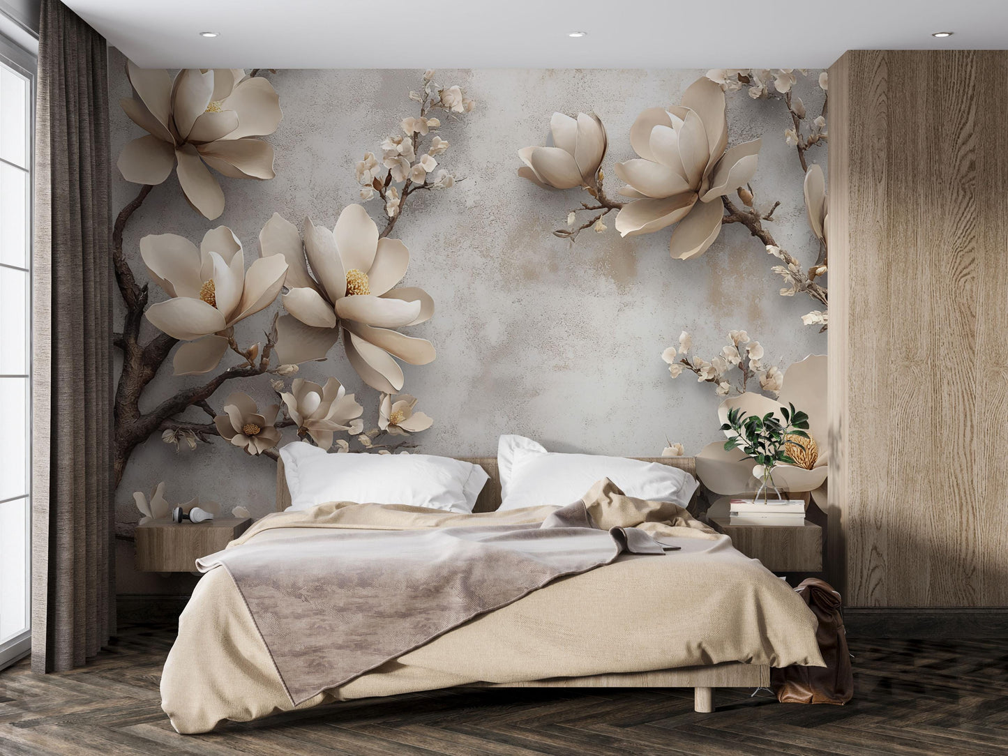 3D Magnolia Flower Wall Mural – Luxury Beige Floral Wallpaper for Bedroom & Living Room Decor Vn754