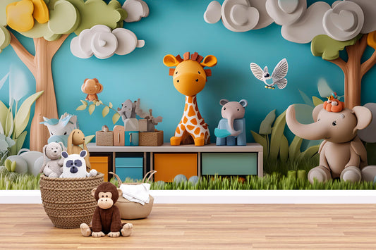 Whimsical Jungle Safari Wall Art for Kids Room – Giraffe, Elephant & Animal Nursery Decor | 3D Jungle Playroom Wall Mural  Vn322