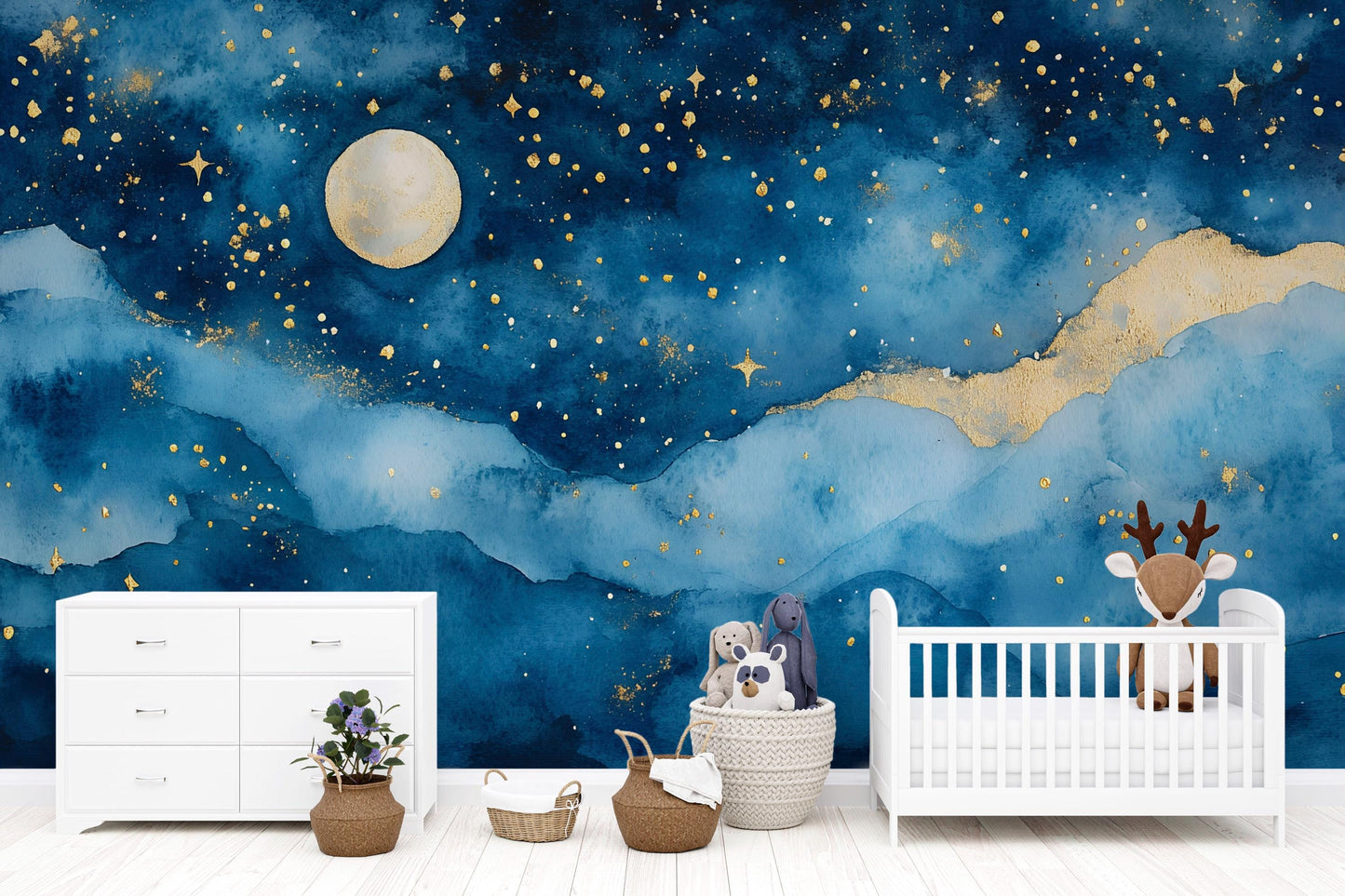 Moon and Stars Wall Mural – Watercolor Night Sky Nursery Wallpaper, Dreamy Accent Wall for Kids Room or Bedroom Vn858