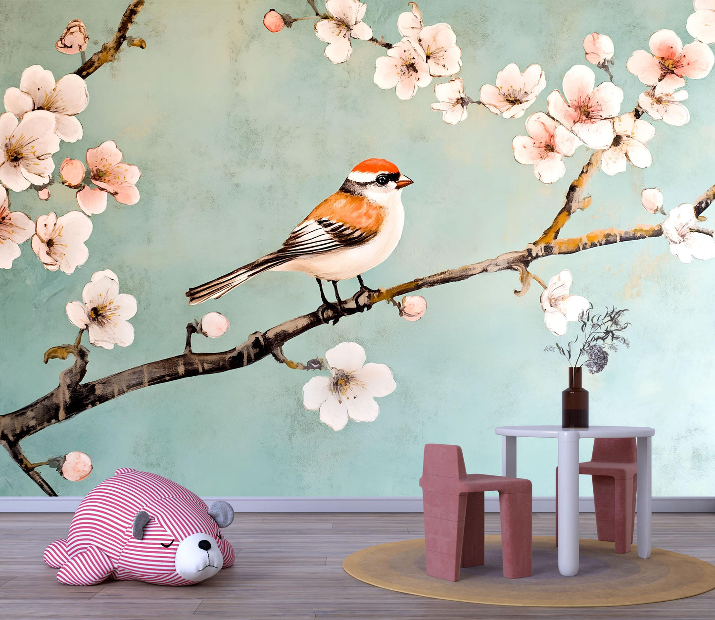 Bird and Blossom Wall Mural – Cherry Blossom Nursery Wallpaper, Nature Accent Wall for Kids Room or Bedroom Vn860