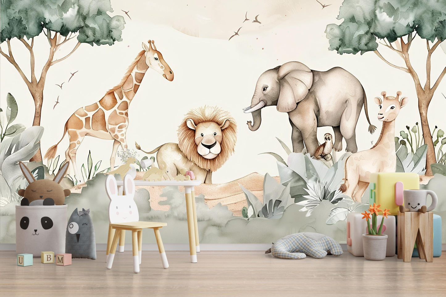 Safari Nursery Wall Mural | Jungle Animal Wallpaper Kids Room Vn1038