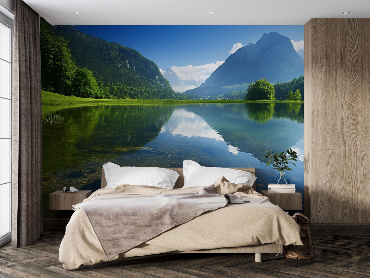 Mountain Lake Wall Mural - Scenic Nature Bedroom Wallpaper - Tranquil Forest Lake View Decor - Removable Peel and Stick Mural Vn688