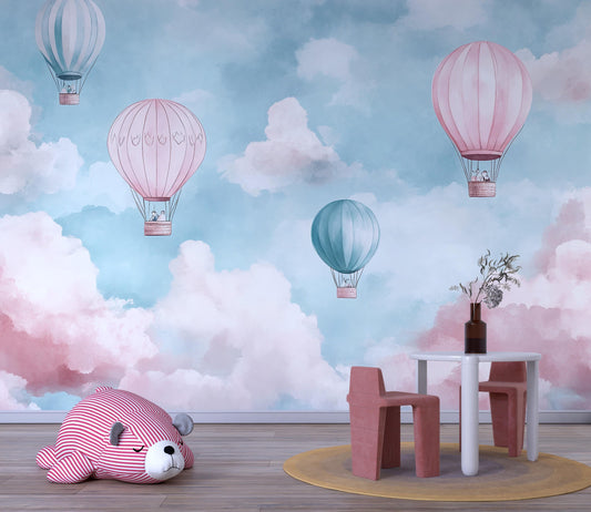 Hot Air Balloon Mural – Pink Blue Cloud Wallpaper Kids Nursery Wall Decor Vn998